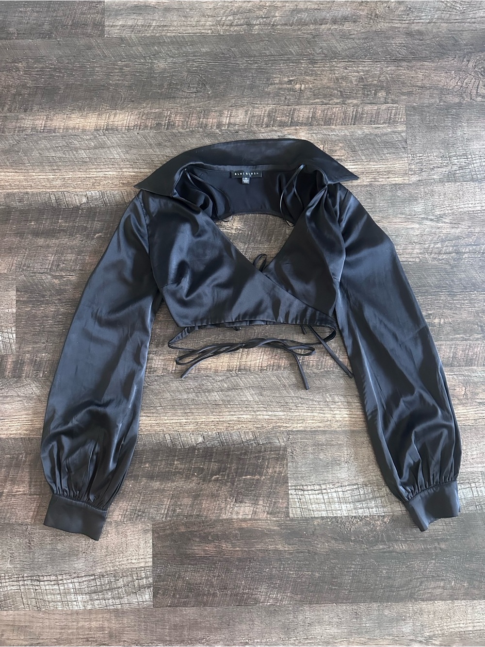 Blue Blush Black Satin Wrap Cropped Blouse